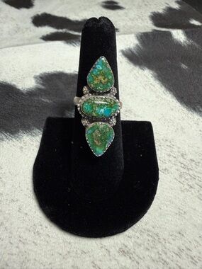 Sterling Silver Green Turquoise Statement Ring - Triple Stone